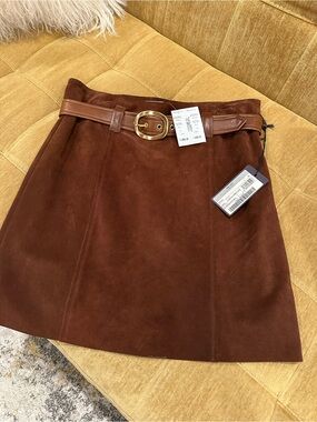 Prada Brown Suede Mini Skirt with Leather Belt and Gold Buckle NWT
